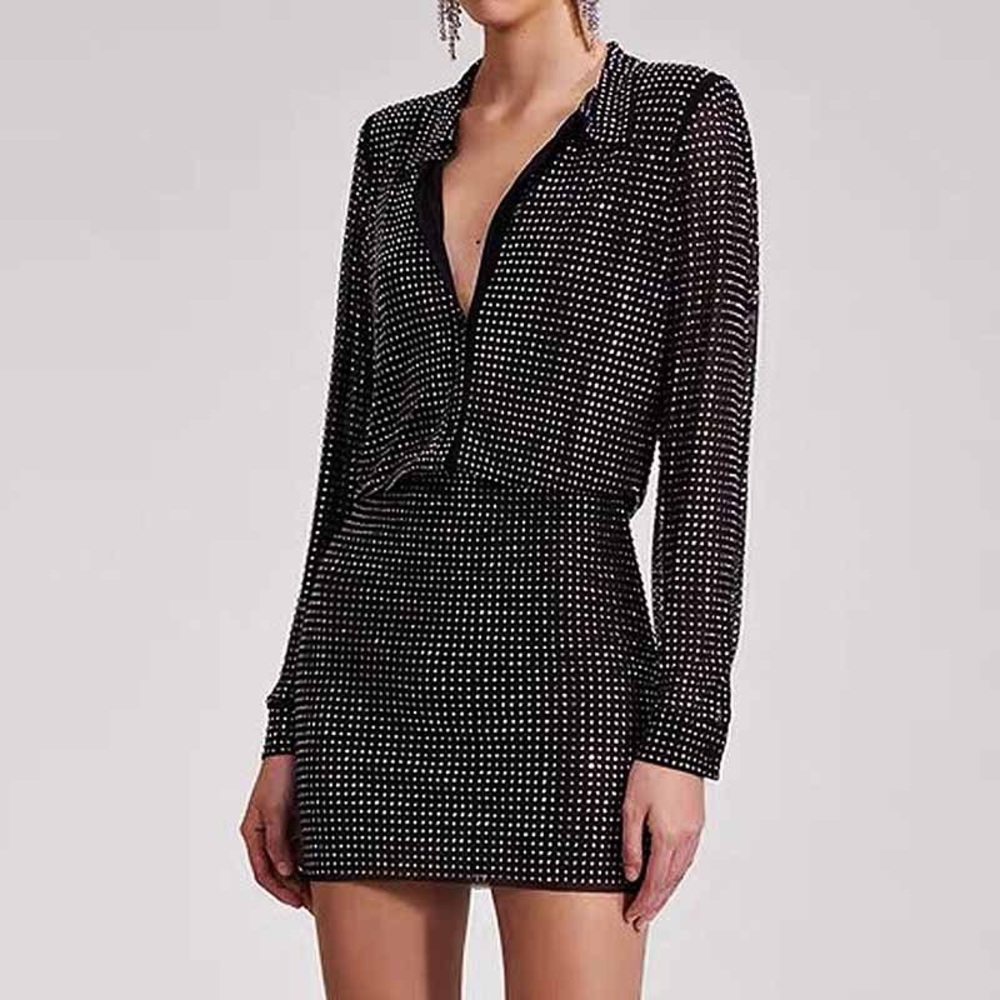 Self Portrait Black Rhinestone mini shirt dress